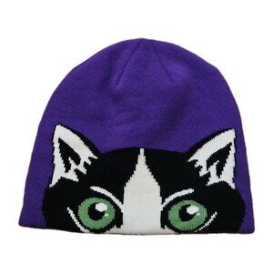 Seirus JR Headzo Winter Cat Beanie Hat Purple Black & White Kitty Green Eyes
